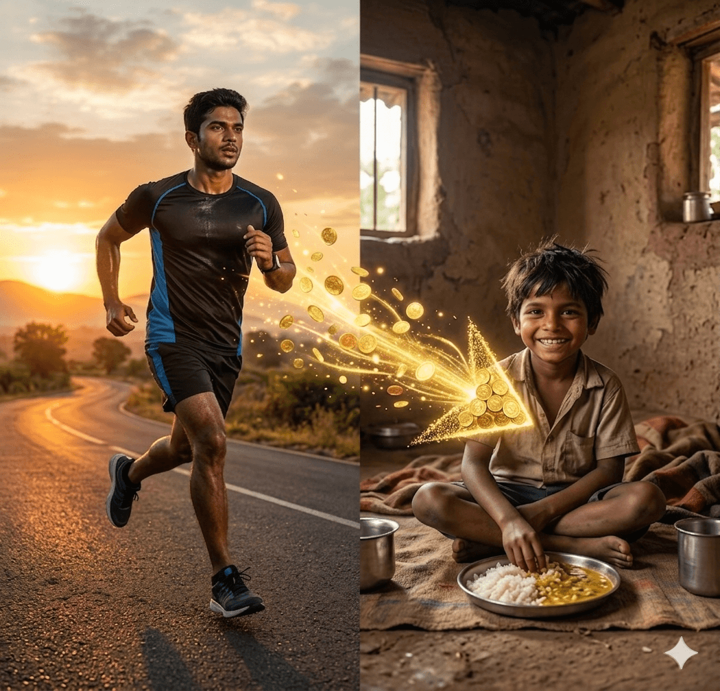 Runner earning coins that feed a child